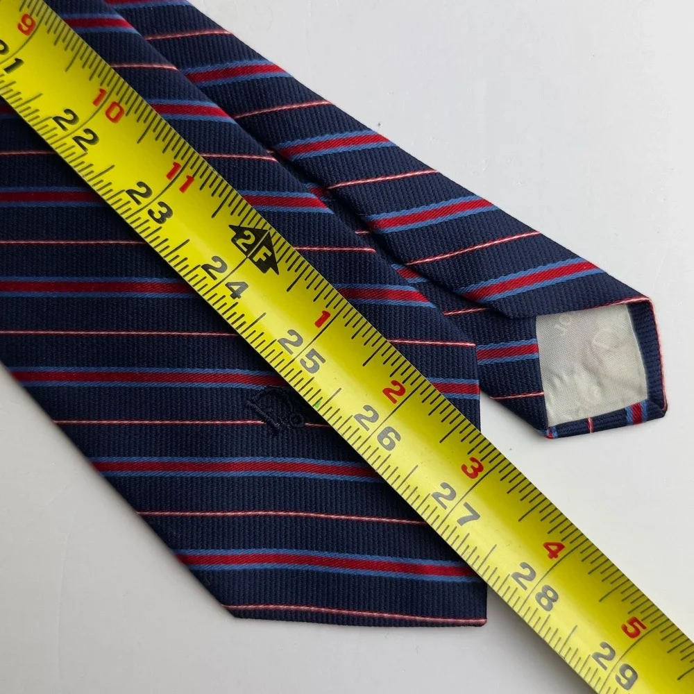 Christian Dior Mens Silk Blend Striped Necktie Navy Blue Red CD Logo Preppy